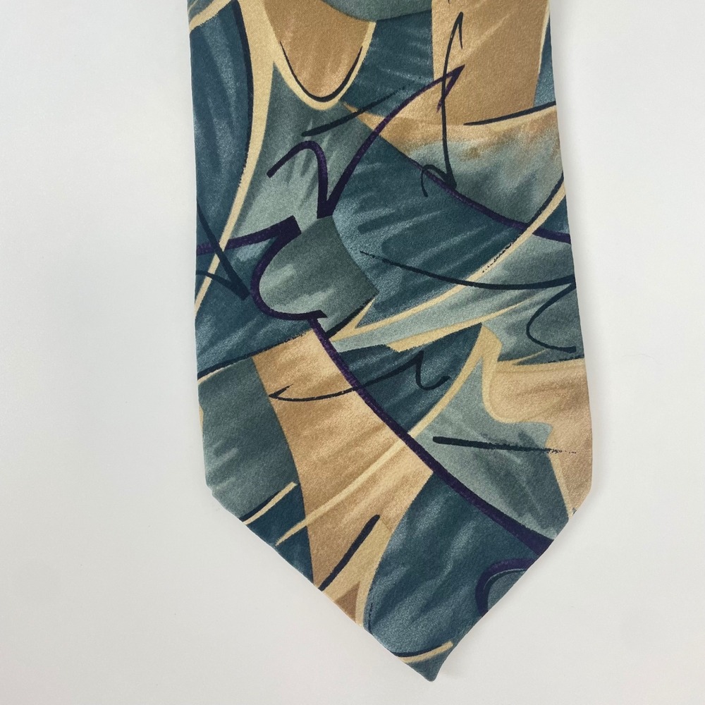 Vintage Jimmy V Silk Necktie Men Abstract Design Tie Tan Blue V‎ Foundation Art